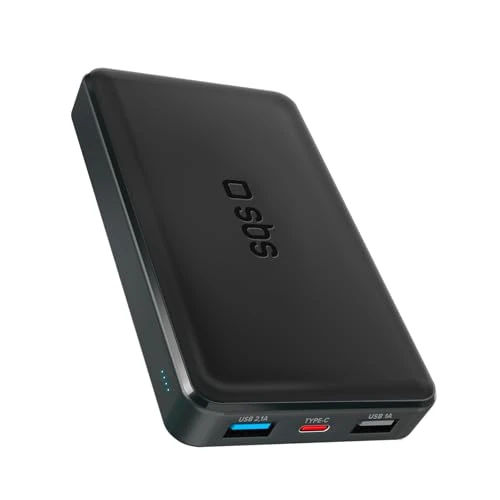 SBS PowerBank 10K SLIM, 10,000mAh, Power Bank with Fast Charge, Intelligent Charge (IC), LED Charging, 1x USB-C, 2x USB-A, Portable Travel Charger, Compact Design, Black