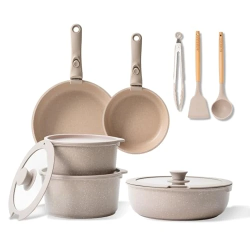 BOREINE Juego de Ollas y Sartenes 14 Piezas, Batería de Cocina Antiadherente, Mango Desmontable, Apta para Inducción, Gas, Vitrocerámica y Horno, No Tóxico Sin PFOA, Marrón