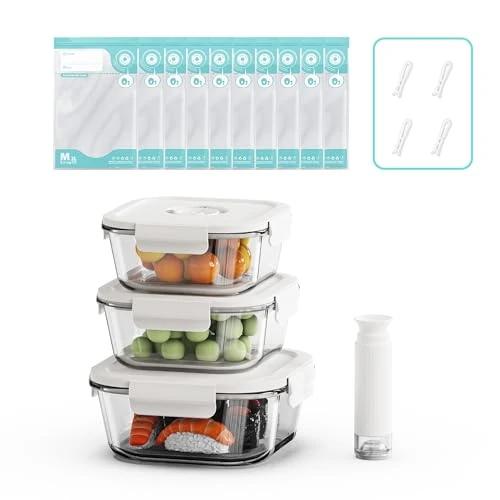 Annalocker Handstofzuiger set met 3 vacuümcontainers van glas, 10 zakken met ritssluiting, luchtdichte container, magnetron, oven, vriezer en vaatwasser (S)