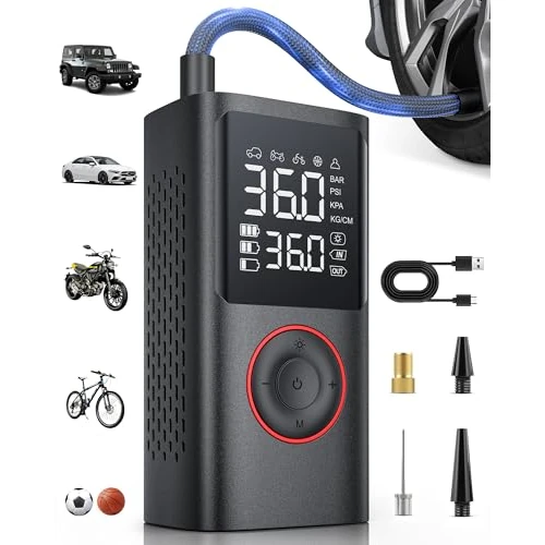 Powools Compressore Aria Portatile Auto – Mini Pompa Elettrica per Bicicletta, Gonfiatore Wireless con Manometro Digitale, Spegnimento Automatico e Luce LED, Nero, 9.00x4.80x13.70cm