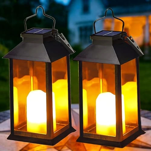 Yowin Solarlaterne für Außen 2 Stück Solarlampen Garten mit Flammeneffekte Kerze, Hängend Solar Laternen Wetterfest Solar Tischlampe Outdoor, Solarleuchten für Terrasse Balkon Pavillon Deko - Schwarz