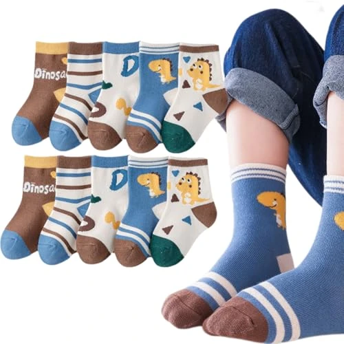 5 pares de calcetines para bebé, calcetines para niños, calcetines de punto para niños, calcetines de algodón, adecuados para niños de 3 a 5 años, calcetines para niñas (patrón de dinosaurio)