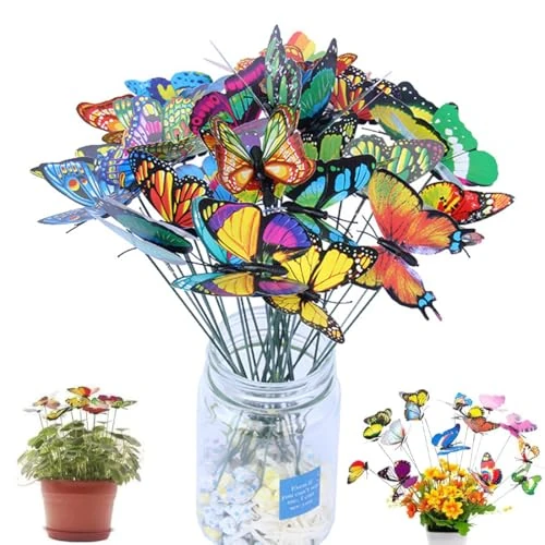 OUDQFCJ Pack of 50 Garden Butterfly Poles, Double Wings Butterfly Garden Decoration, Patio Ornaments on Sticks, Yard Patio Party Decorations
