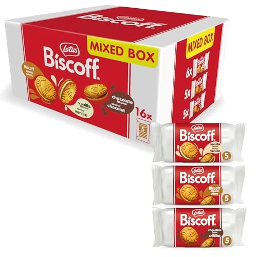 Lotus Biscoff | Paquete Variado Galleta Sándwich | 3 Sabores: Crema de Vainilla, Crema Lotus Biscoff y Crema de Chocolate | 5 Galletas Sándwich por Paquete | Sin Colorantes | 16 x 50g | 800g