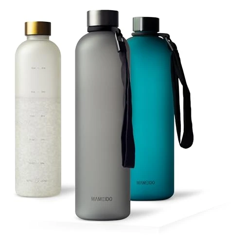 MAMEIDO Bottiglia acqua 1 litro, Borraccia plastica tritan a tenuta stagna, senza BPA, bottiglia motivazionale con orario (Carbon Grey)