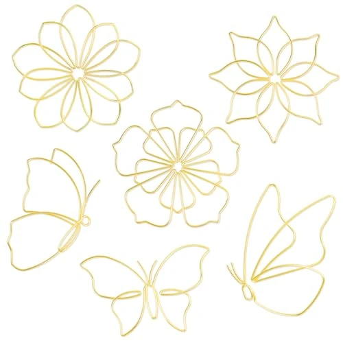 YiYa 6 szt. metalowe kwiaty, sztuka ścienna, metalowy, motyl, sztuka ścienna, złoty kwiat, drut, dekoracja ścienna, do sypialni, salonu, na przyjęcie urodzinowe, do domu, do wnętrz, 6 szt
