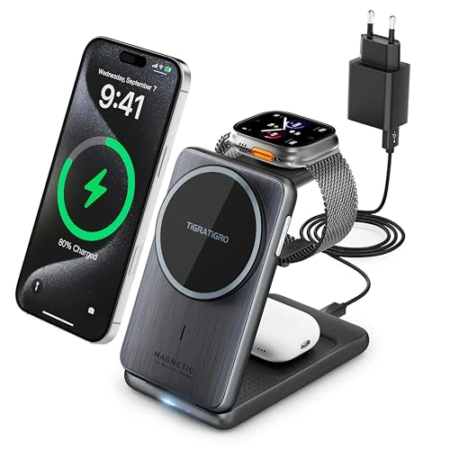 Oferta limitada: Tigratigro Cargador inalámbrico estación, magnético Plegable 3 en 1 con mag-Safe, Carga rápida de 15 W Cargador para Apple iPhone Serie 16/15/14/13/12, Apple Watch y AirPods (Negro) de 29.99 EUR a 29.99 EUR (ahorro 0%)