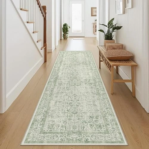 Limited-time offer: HUGEAR Vintage Green Hallway Runner Washable Non Slip Rugs Long Area Rug 60x240cm Bedroom Kitchen Lounge Bedside Office Indoor Carpets Low Pile Carpet Runners from 33.95 £ to 31.70 £ (save 7%)