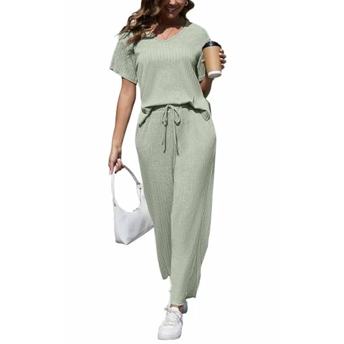 Offre limitée : CheChury Femme Survêtement Ensembles de Costume Décontracté 2 Pièces Eté Set Manches Courtes et Pantalon Droit Survêtement Col en V Loungewear Ensemble de Pyjama Couleur Pure Vêtement de Nuit Automne de 28.99 € à 12.86 € (55.64% de remise)