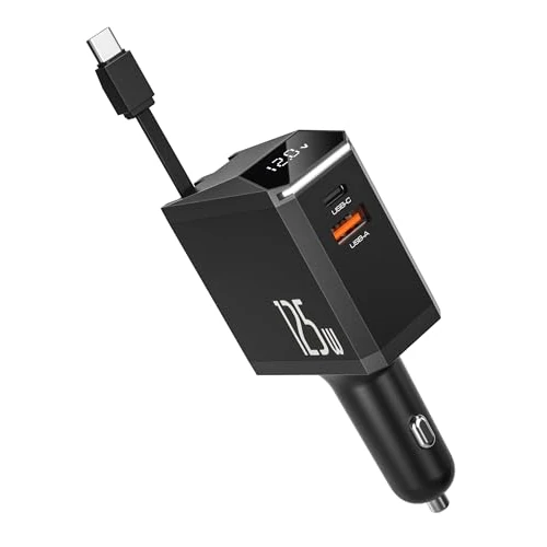 Oferta limitada: Retráctil Cargador Coche Carga Rápida 125W con Tipo-C Cable Retráctil | Cargador Mechero Coche USB C con Pantalla de Voltaje,12V 24V Enchufe Encendedor Toma Adaptador Cargador Móvil Coche de 21.99 € a 19.99 € (ahorro 9%)