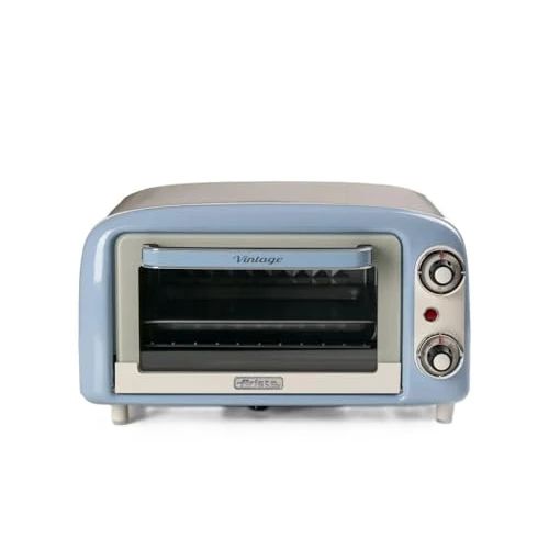 Ariete 3919 Vintage Minibackofen, 10 L Fassungsvermögen, zum Backen oder Erwärmen von Speisen, Temperatur bis 230°C, 60-Minuten-Timer, Edelstahl-Grill, 800W, Doppelverglasung, Blue