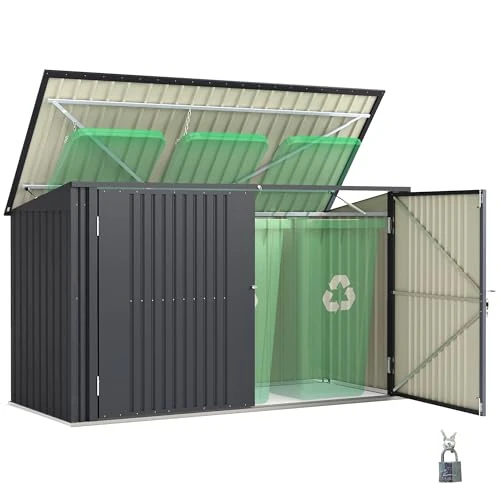 Outsunny 233 x 105 cm, afvalcontainerafdekking voor 3 vuilnisbakken à 240 l, 2,3 m², afvalcontainerbox met 2 deuren en sloten, tuinhuis voor vuilnisbakken, van staal, grijs