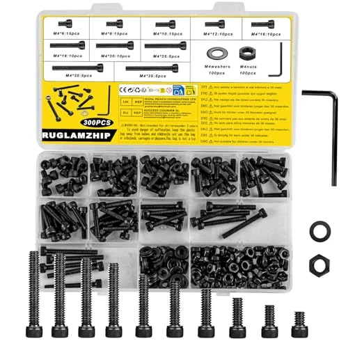 Offerta a tempo: 300 Pezzi Set di Viti M4, Viti Brugola Kit, Bulloni Testa Cilindrica con Esagono Incassato e Dadi e Rondelle, Viti e Bulloni e Dadi Set(Neri) - 22% da 8.99 € a 6.99 €