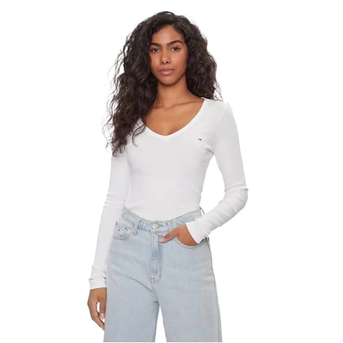 TOMMY JEANS Damskie TJW Slim Essential Rib V LS DW0DW17990, białe, M, Biały (Ecru), M
