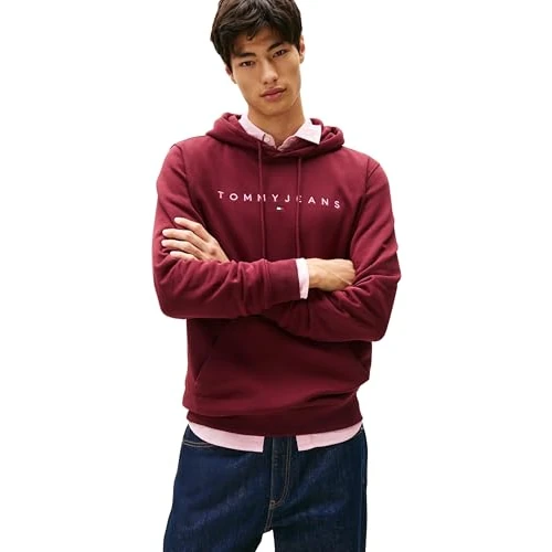 Offerta a tempo: Tommy Jeans Uomo Felpa Linear Logo con Cappuccio, Rosso (Red Wine Multi), S - 11% da 89.90 € a 80.00 €