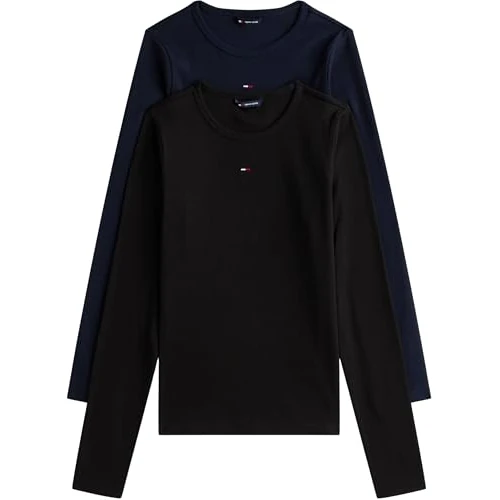 Tommy Jeans Damen 2er Pack Langarmshirts Slim Essential Rib Rundhalsausschnitt, Mehrfarbig (Black/Dark Night Navy), M