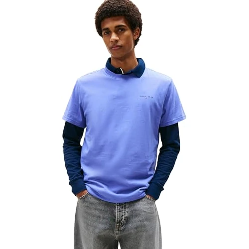 Tommy Jeans Camiseta de Manga Corta Hombre Linear Chest tee Slim Fit, Azul (Soft Sapphire), XXL
