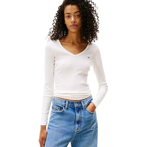 Tommy Jeans T-Shirt Manches Longues Femme Slim Fit Essential V-Neck Col en V, Blanc (Ecru), XL