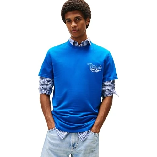 Offerta a tempo: Tommy Jeans Uomo T-Shirt Maniche Corte Slim Font Play con Scollo Rotondo, Blu (Vibrant Indigo), XS - 65% da 29.90 € a 10.50 €