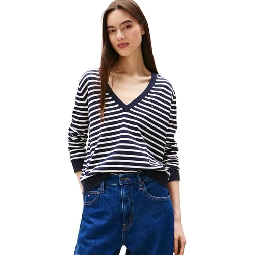 Oferta limitada: Tommy Jeans Jersey Mujer Essential con Cuello de Pico, Multicolor (Dark Night Navy/Stripe), XS de 89.90 € a 29.41 € (ahorro 67%)