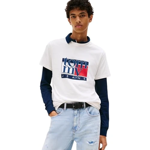 Tommy Jeans Men’s Short Sleeve Round Neck Slim Flag T-Shirt, Off-White (Ancient White), XXL