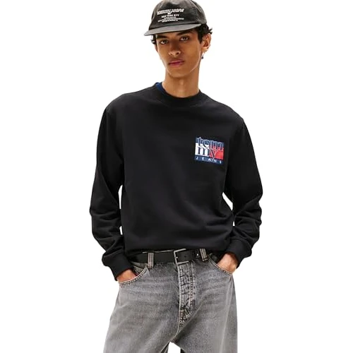 Offerta a tempo: Tommy Jeans Uomo Felpa Flag Crew con Scollo Rotondo, Nero (Black), XXL - 67% da 79.90 € a 26.45 €