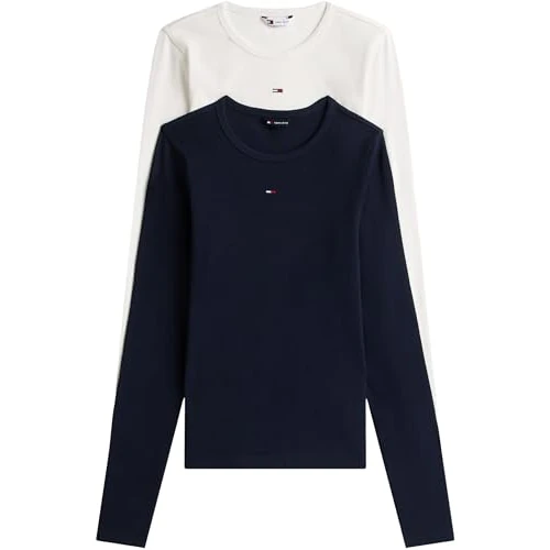 Tommy Jeans Womens Tjw 2pack Slim Essential Rib Dw0dw17716 L/S T-Shirt, Multi (Ecru/Dark Night Navy), XL UK