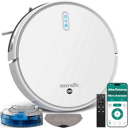 SereneLife Robot Aspirateur Laveur – Aspiration Extrême 3000Pa, Recharge Auto, Anti-Chute, App Contrôle, Pour Poils d’Animaux, Sols Durs et Moquettes, Aspiration et Lavage, 4 Modes de Nettoyage, Blanc