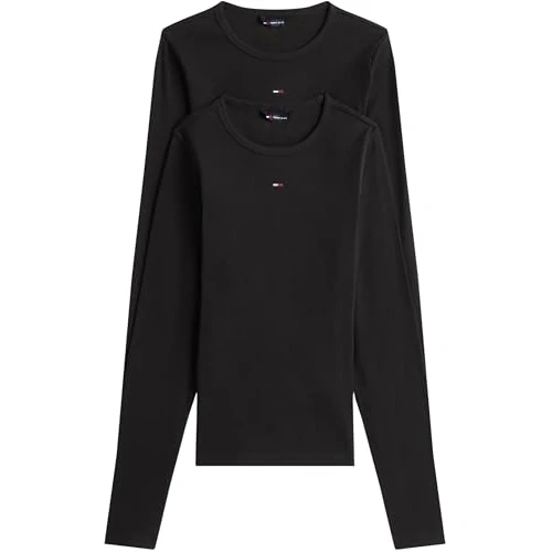 Offerta a tempo: Tommy Jeans Donna Magliette Maniche Lunghe Confezione da 2 Slim Essential Rib Scollo Rotondo, Nero (Black/Black), S - 70% da 74.90 € a 22.49 €