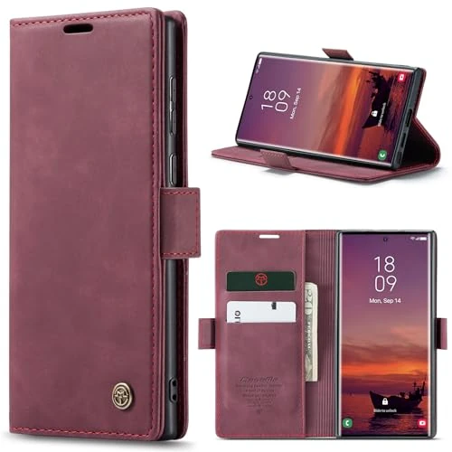 Tijdelijke aanbieding: Azororo Hoesje voor Samsung Galaxy S25 Ultra 5G, magnetische Flip case, opvouwbaar standfunctie Cover beschermhoes met kaartsleuf en portemonnee, leren hoes voor Samsung Galaxy S25 Ultra, wijnrood van 13.99 € naar 13.49 € (4% kortin