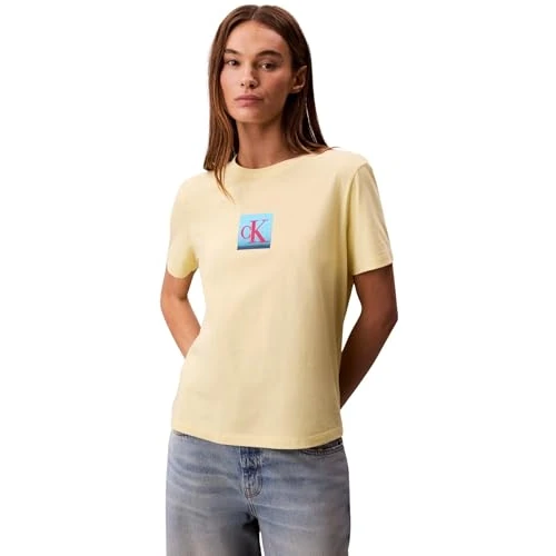 Calvin Klein Camiseta de manga corta Mujer Classic Boxed Monogram con logotipo, Amarillo (Chartreuse Melon), XL