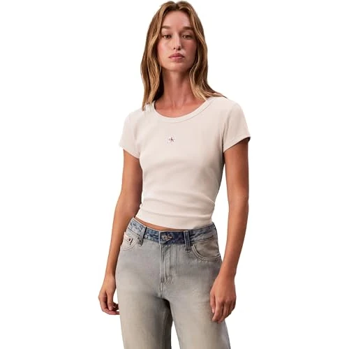 Offre limitée : Calvin Klein Jeans T-Shirt pour Femme A- Woven Label 2X2 Rib Baby Tee LV047C200G Tees, Gris (Vanilla Heather), L, Gris (Vanille chinée), L de 20.08 € à 20.08 € (0.00% de remise)