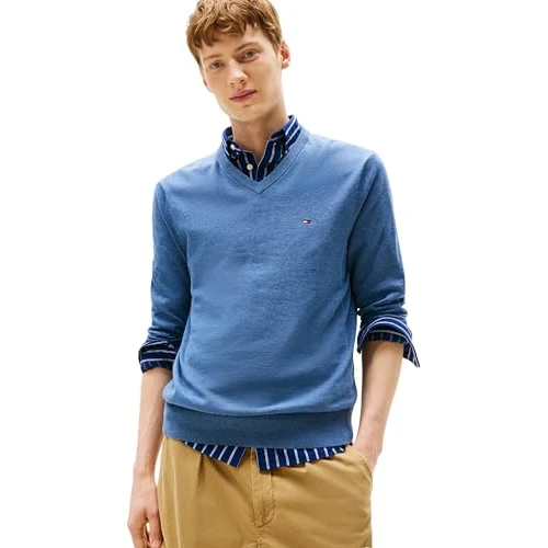 Limited-time offer: Tommy Hilfiger Men’s Essential Cotton V-Neck Jumper, Blue (Petrol Blue Heather), XS from 90.00 GBP to 71.80 GBP (save 20%)
