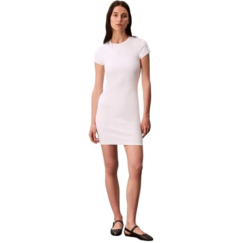 Calvin Klein Robe T-Shirt Femme Mini avec Col Ras-du-Cou, Blanc (Brilliant White), XS