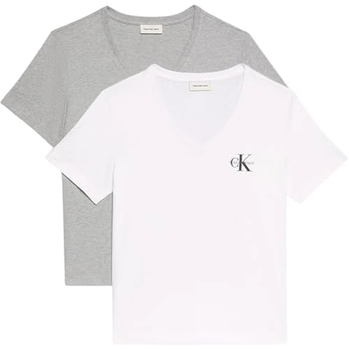 Calvin Klein Jeans dames A- Logo VN 2 Pack Tee LV047C906G Tees, Grijs (Heroic Grey Heather), L, Grijs (Heroic Grey Heather), L