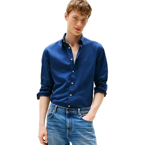 Limited-time offer: Tommy Hilfiger Men’s Flex Poplin Solid Regular Fit Shirt, Blue (Aegean Sea), XS from 75.00 GBP to 66.09 GBP (save 12%)
