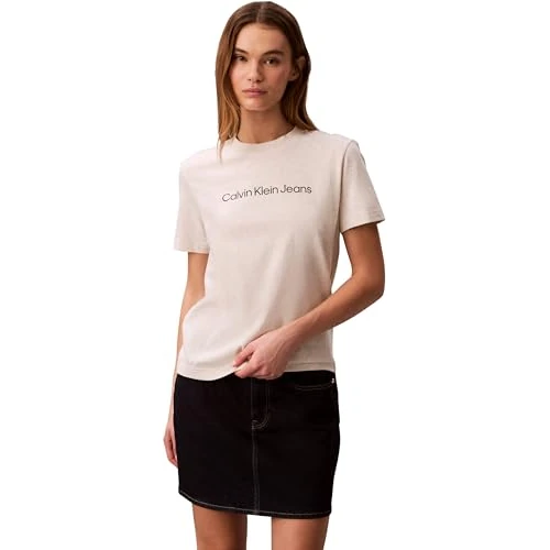 Calvin Klein Damen T-Shirt Kurzarm Logo Classic Regular Fit, Beige (Vanilla Heather), S