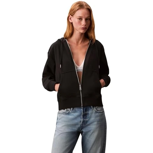 Offerta a tempo: Calvin Klein Donna Felpa con Zip Archive Logo French Terry con Cappuccio, Nero (Black), S - 0.00% da 54.00 € a 54.00 €