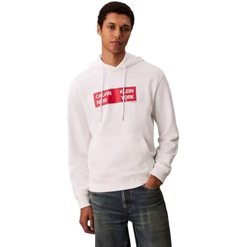 Offerta a tempo: Calvin Klein Uomo Felpa con Cappuccio Terry Box Graphic Regular Fit, Bianco (Bright White), M - 75% da 99.90 € a 25.35 €