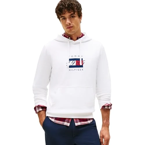 Tommy Hilfiger Męska bluza z kapturem LINEAR FLAG GRAFICZNA MW0MW41332, biała, M, Biały (biały), M