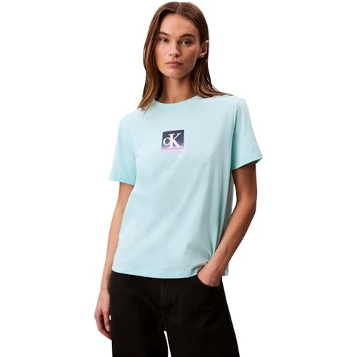 Calvin Klein Donna T-Shirt Maniche Corte Classic Boxed Monogram con Logo, Turchese (Tahiti Turquoise), XS