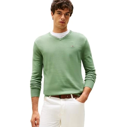 Tommy Hilfiger Essential Cotton V Neck Mw0Mw14745, Maglione Pullover, Uomo, Verde (Dusty Meadow), S