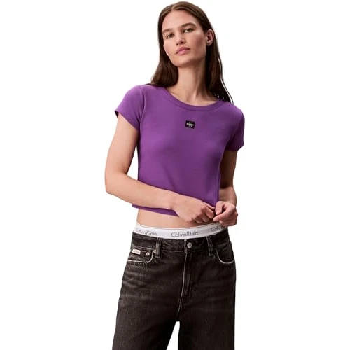 Calvin Klein Camiseta de Manga Corta Mujer Woven Rib Baby tee Cropped, Morado (Smokey Shadow), XL