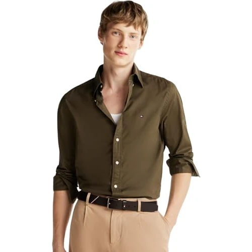 Offerta a tempo: Tommy Hilfiger Uomo Camicia Flex Poplin Solid Regular Fit, Verde (Army Green), S - 48% da 79.90 € a 41.61 €