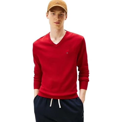 Tijdelijke aanbieding: Tommy Hilfiger Heren Essential Katoen V-hals MW0MW14745 Pullover Sweater, Rood, S, Rood (Medium Rood), S van 65.31 EUR naar 65.31 EUR (korting 0%)