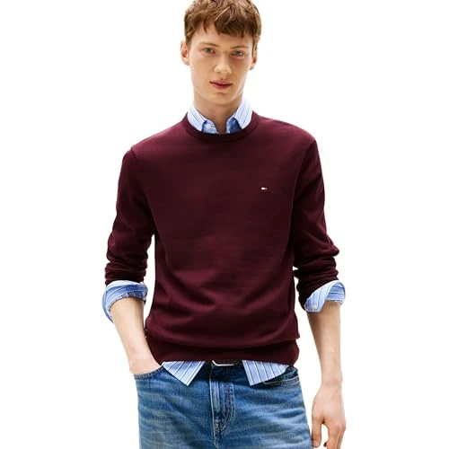 Tommy Hilfiger Jersey Hombre Essential Cotton con Cuello Redondo, Rojo (Deep Burgundy), S