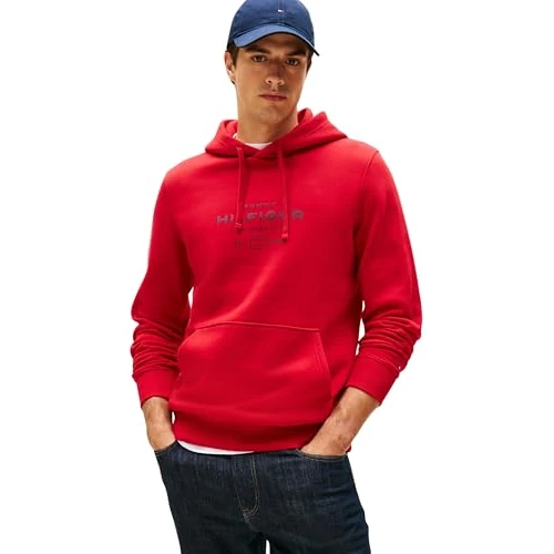 Tommy Hilfiger Uomo Felpa con Cappuccio Oval Graphic con Logo, Rosso (Medium Red), L
