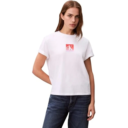 Calvin Klein T-Shirt Manches Courtes Femme Classic Boxed Monogram avec Logo, Blanc (Bright White), S