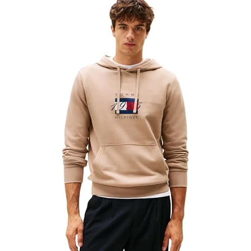 Offerta a tempo: Tommy Hilfiger Uomo Felpa con Cappuccio Linear Flag Graphic in Cotone, Beige (Coastal Taupe), M - 30% da 99.90 € a 69.93 €