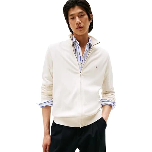 Tommy Hilfiger Pull avec Fermeture Éclair Homme Essential Cotton Zip Thru Col Montant, Ecru (Ivory Petal), XXL
